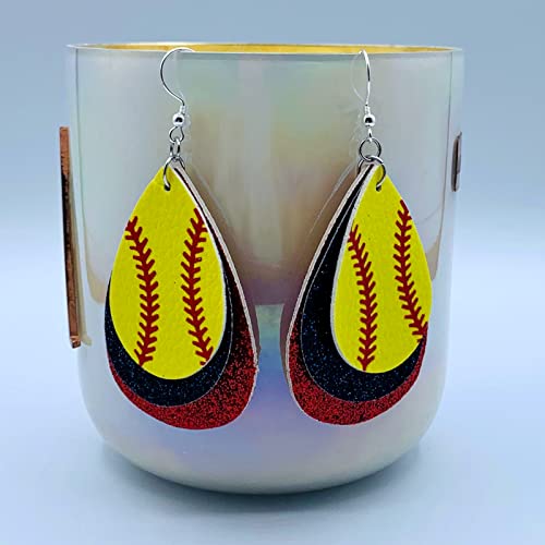 Softball Earrings for Women - Softball Jewelry - Softball Accessories for Girls - Softball Gifts for Girls - Faux Leather Softball Earrings for Women - Glitter Earrings - Softball Gifts for Women - Softball Fan Jewelry