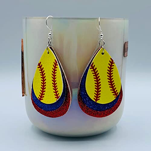 Softball Earrings for Women - Softball Jewelry - Softball Accessories for Girls - Softball Gifts for Girls - Faux Leather Softball Earrings for Women - Glitter Earrings - Softball Gifts for Women - Softball Fan Jewelry