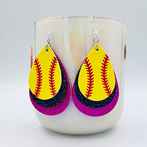 Softball Earrings for Women - Softball Jewelry - Softball Accessories for Girls - Softball Gifts for Girls - Faux Leather Softball Earrings for Women - Glitter Earrings - Softball Gifts for Women - Softball Fan Jewelry