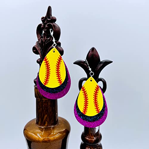 Softball Earrings for Women - Softball Jewelry - Softball Accessories for Girls - Softball Gifts for Girls - Faux Leather Softball Earrings for Women - Glitter Earrings - Softball Gifts for Women - Softball Fan Jewelry