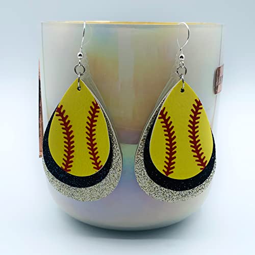Softball Earrings for Women - Softball Jewelry - Softball Accessories for Girls - Softball Gifts for Girls - Faux Leather Softball Earrings for Women - Glitter Earrings - Softball Gifts for Women - Softball Fan Jewelry