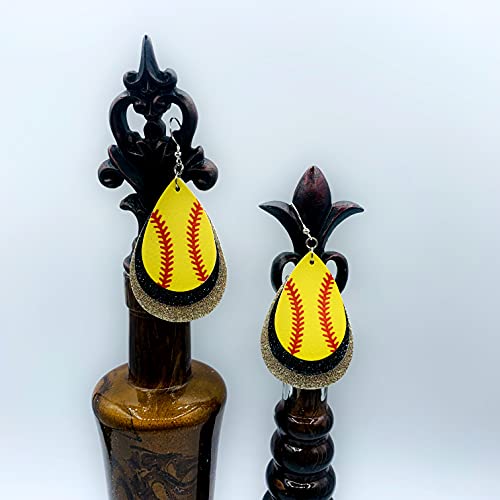Softball Earrings for Women - Softball Jewelry - Softball Accessories for Girls - Softball Gifts for Girls - Faux Leather Softball Earrings for Women - Glitter Earrings - Softball Gifts for Women - Softball Fan Jewelry