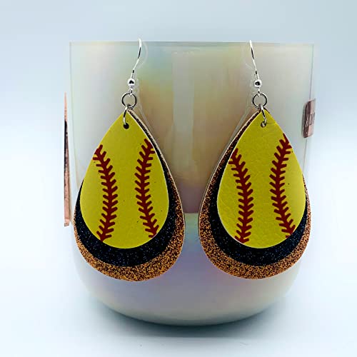 Softball Earrings for Women - Softball Jewelry - Softball Accessories for Girls - Softball Gifts for Girls - Faux Leather Softball Earrings for Women - Glitter Earrings - Softball Gifts for Women - Softball Fan Jewelry