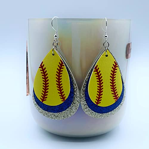 Softball Earrings for Women - Softball Jewelry - Softball Accessories for Girls - Softball Gifts for Girls - Faux Leather Softball Earrings for Women - Glitter Earrings - Softball Gifts for Women - Softball Fan Jewelry