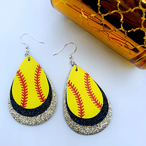 Softball Earrings for Women - Softball Jewelry - Softball Accessories for Girls - Softball Gifts for Girls - Faux Leather Softball Earrings for Women - Glitter Earrings - Softball Gifts for Women - Softball Fan Jewelry