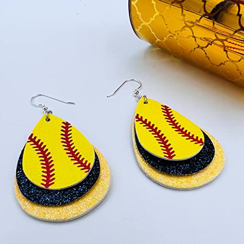 Softball Earrings for Women - Softball Jewelry - Softball Accessories for Girls - Softball Gifts for Girls - Faux Leather Softball Earrings for Women - Glitter Earrings - Softball Gifts for Women - Softball Fan Jewelry