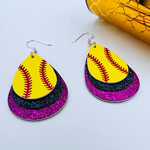 Softball Earrings for Women - Softball Jewelry - Softball Accessories for Girls - Softball Gifts for Girls - Faux Leather Softball Earrings for Women - Glitter Earrings - Softball Gifts for Women - Softball Fan Jewelry