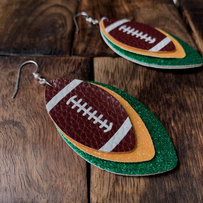 Football Earrings for Women - Glitter Leather Earrings Dangles - 3-Layered Faux Leather Big Statement Earrings - American Football - Glitter & PU Leather - Set of Two - Mall of Style