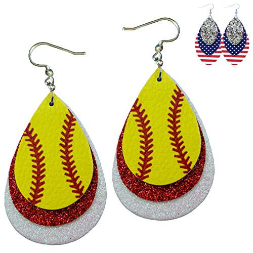 Softball Earrings for Women - Softball Jewelry - Softball Accessories for Girls - Softball Gifts for Girls - Faux Leather Softball Earrings for Women - Glitter Earrings - Softball Gifts for Women - Softball Fan Jewelry